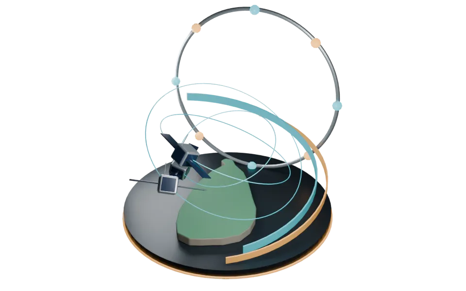 A dark round platform carrying a raised green outline of the island of Sri Lanka, with three small satellites on tilted orbits, a large silver ring with cyan and amber lights running around it, and two thin glowing ribbons circling the platform